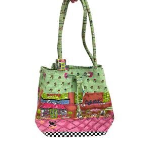 Vintage Anne Ormsby Large Canvas Tote Bag Purse Green Pink Paris Novelty Print